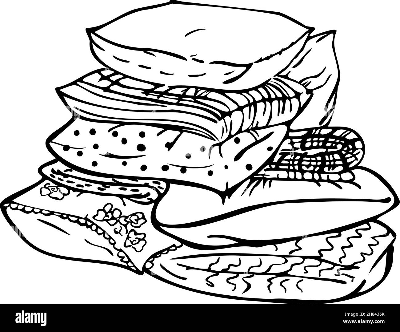 Vector illustration of stack of pillows. Design for coloring book. Stock Vector