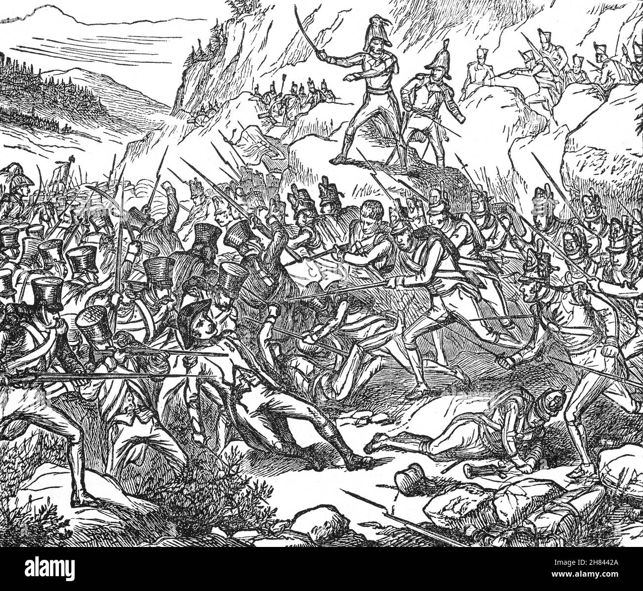 A late 19th Century illustration of the Battle of Buçaco, or Bussaco, fought on 27 September 1810 during the Peninsular War in the Portuguese mountain range of Serra do Buçaco, resulting in the defeat of French forces by Lord Wellington's Anglo-Portuguese Army Stock Photo