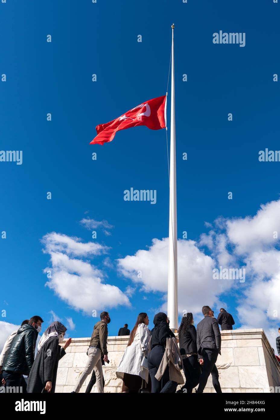 Ankara, Turkey - November 10 2021: On this day, which is the anniversary of Ataturk's death, Turkish people visit Anıtkabir, and the Turkish flag was Stock Photo