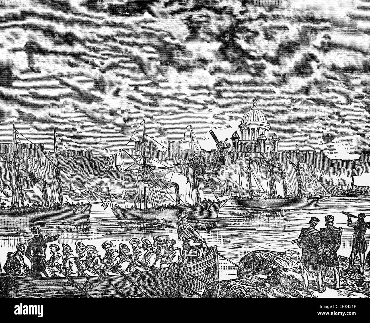 A late 19th Century illustration of the Battle of Suomenlinna (aka Bombardment of Sweaborg), fought on 9–11 August 1855 between Russian and Finnish defenders and a joint British/French fleet during the Åland War, part of the Crimean War. The fortress of Viapori (Sweaborg) was the main defensive installation in the Grand Duchy of Finland. Stock Photo