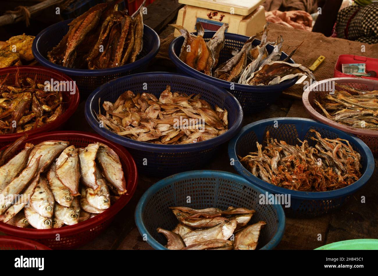 Fresh dried fish are kept for sale Stock Photo