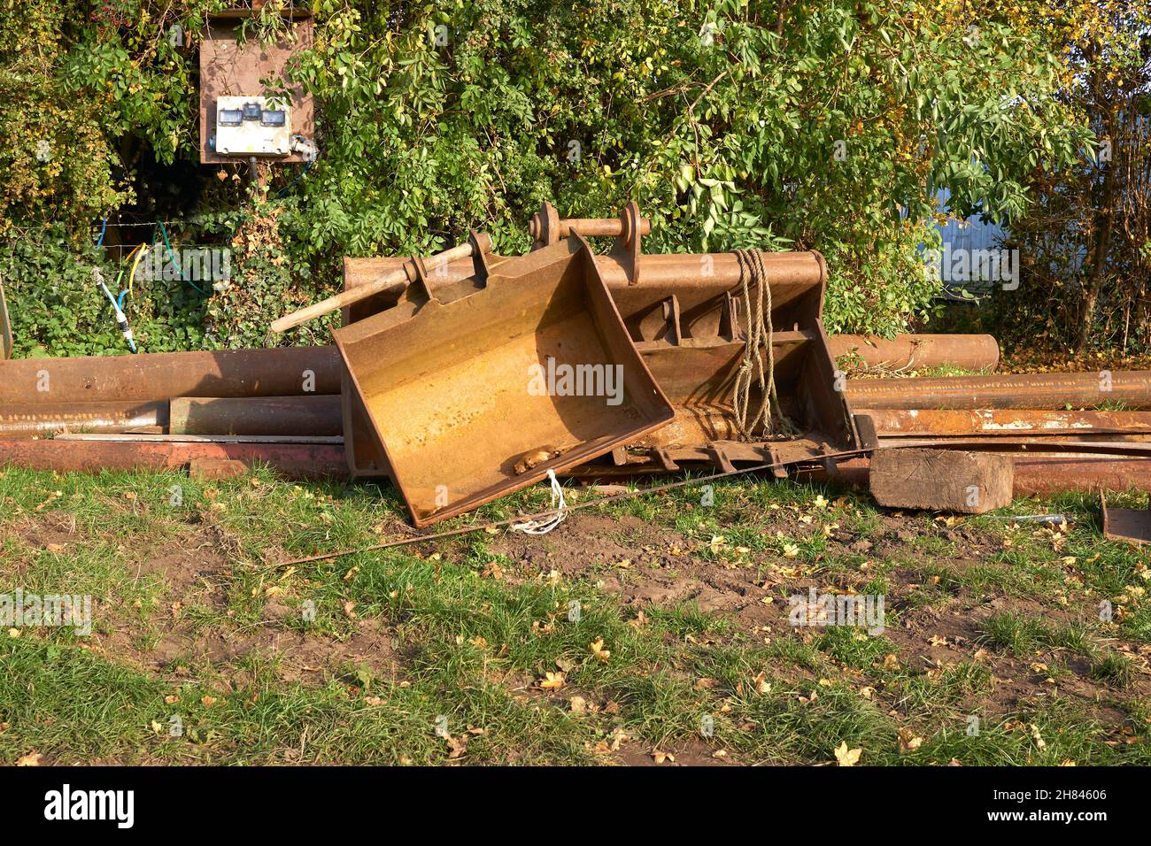 Collection of old rusty excavator buckets Stock Photo Alamy