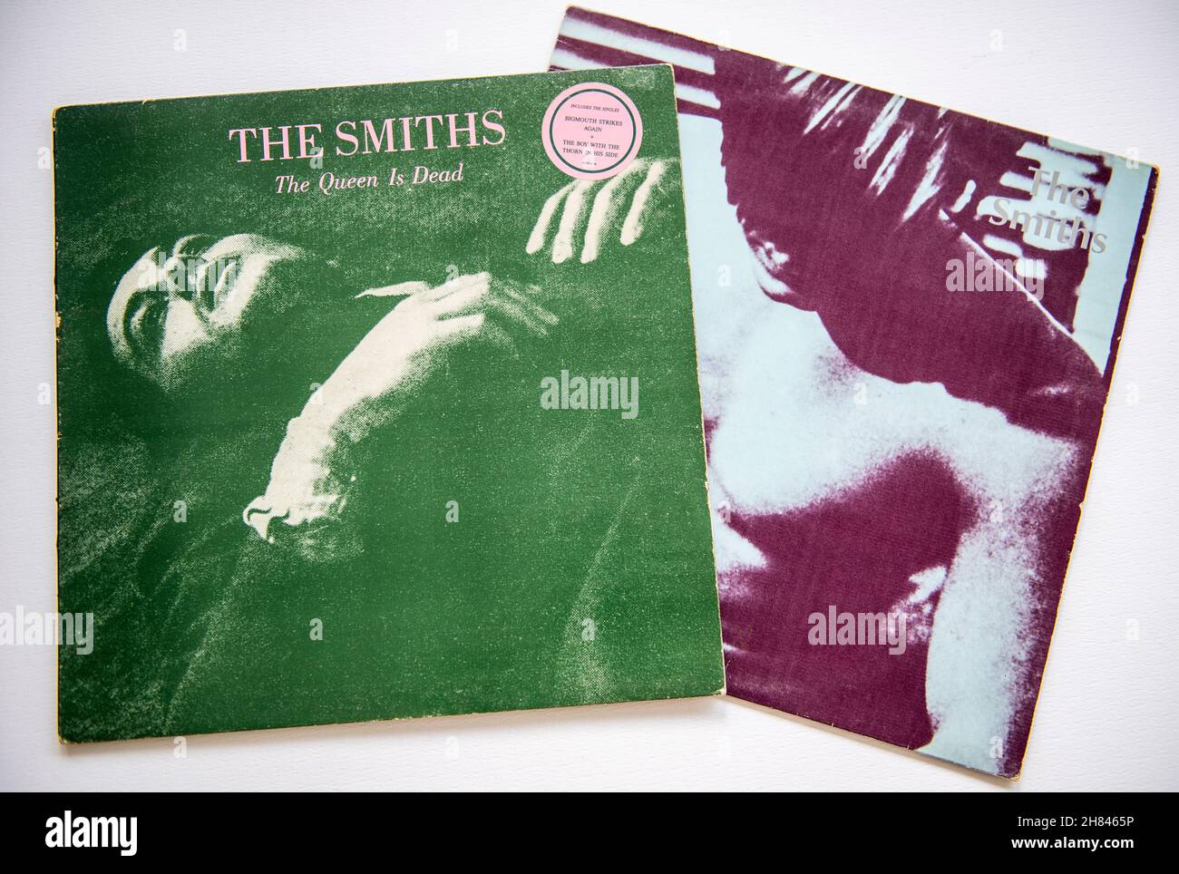 LP covers of the self-titled debut album by Manchester indie band The Smiths, and their third album, The Queen is Dead Stock Photo