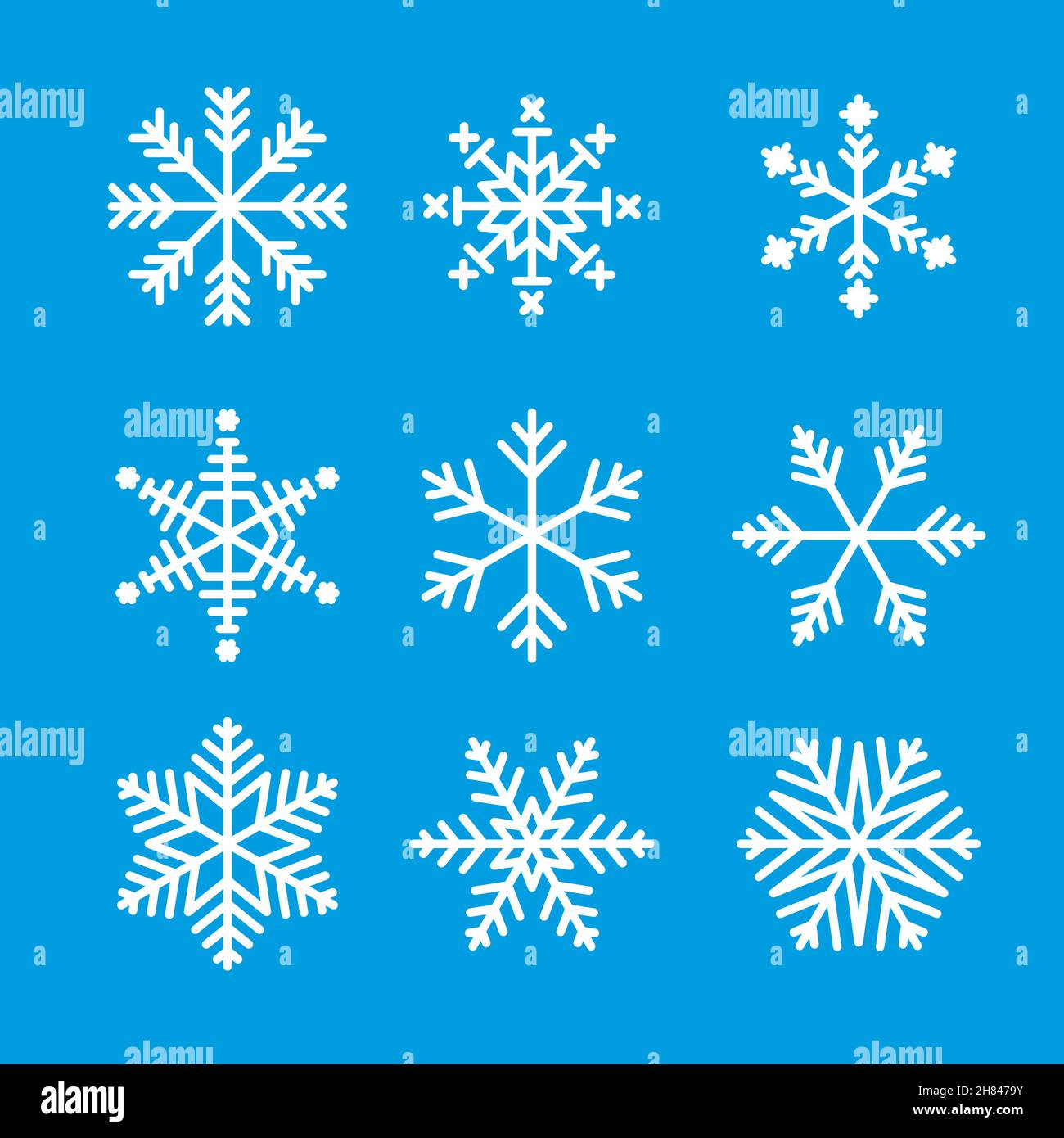 Snowflake winter set of white isolated icon silhouette on blue ...
