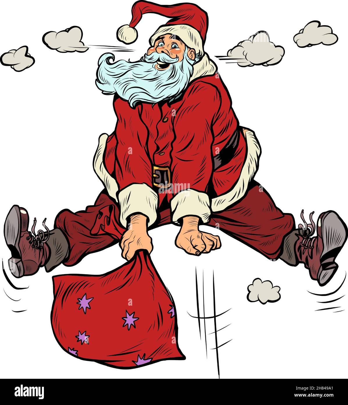 joyful Santa Claus jumps up, excess of emotions cartoon jump. Christmas holidays Stock Vector