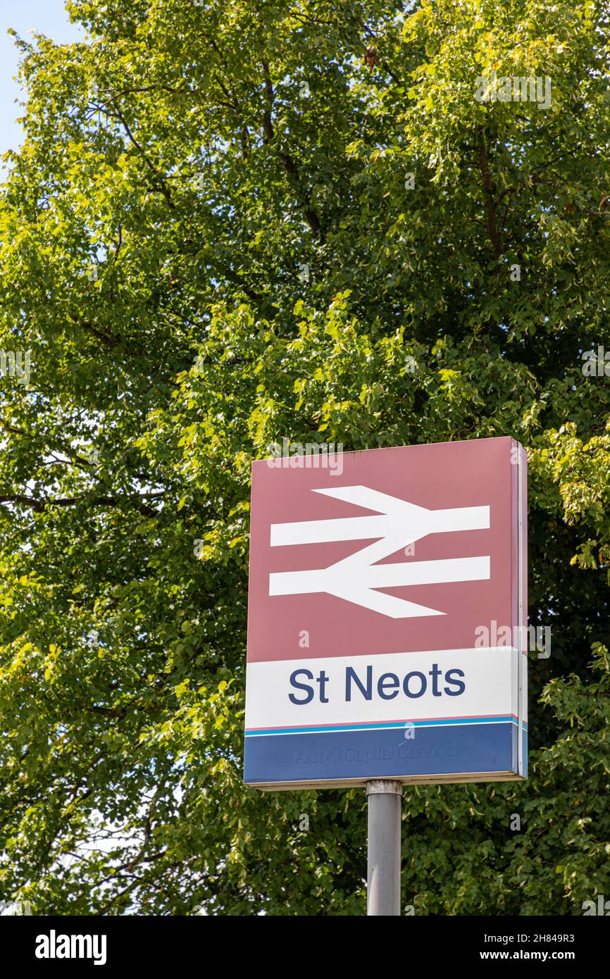 St Neots train station sign, St Neots, Cambridgeshire. Stock Photo