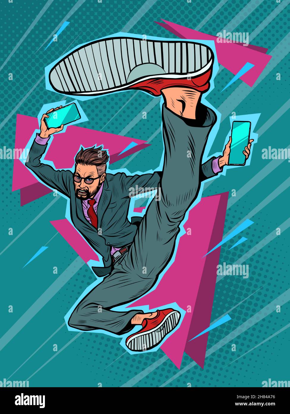 kick jump businessman with smartphone, success energy leader. Martial arts, karate and Wushu Stock Vector