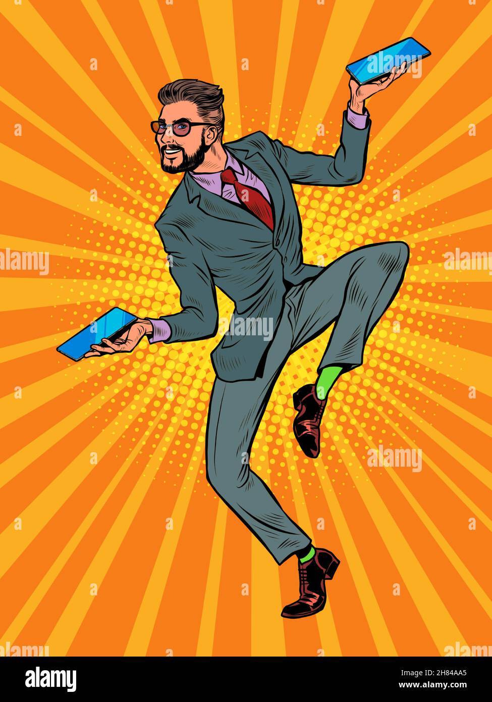 Businessman with two smartphones, funny dance pose of joy Stock Vector