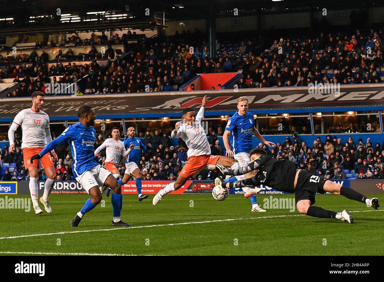 Matija Šarkic #13 of Birmingham City at the feet of Demi Mitchell #15 of Blackpool in, on 11/27/2021. (Photo by Craig Thomas/News Images/Sipa USA) Credit: Sipa USA/Alamy Live News Stock Photo