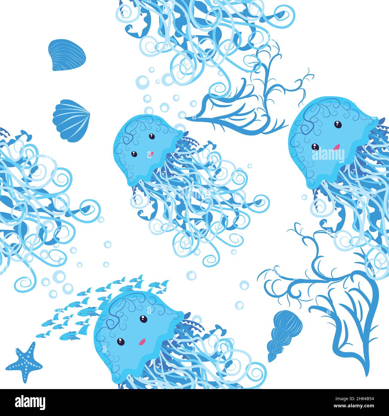 Jellyfish, fish, animals bright seamless patterns. Sea travel, snorkeling with animals, tropical fish Stock Vector