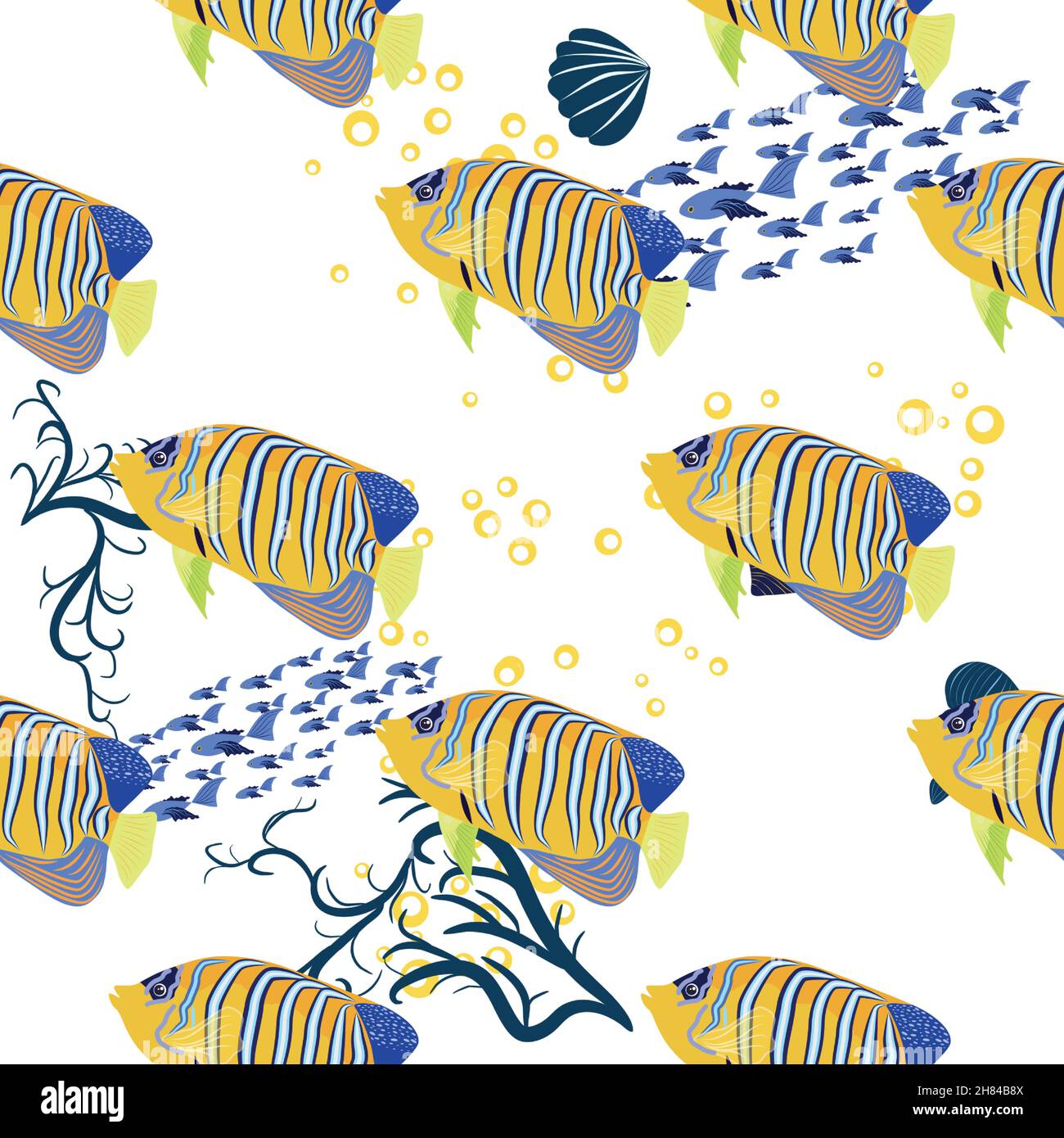 Emperor angelfish, Pomacanthus imperator seamless patterns, sea animal wildlife character. Nature underwater, marine wild ocean zoo fish Stock Vector