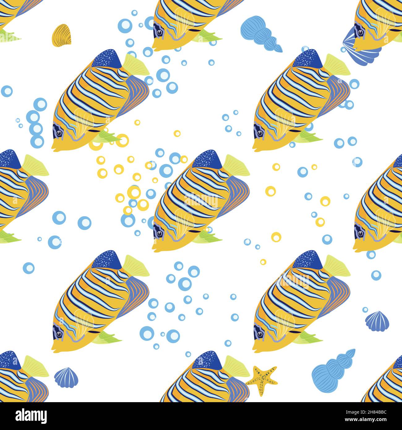 Emperor angelfish, Pomacanthus imperator seamless patterns, sea animal wildlife character. Nature underwater, marine wild ocean zoo fish Stock Vector