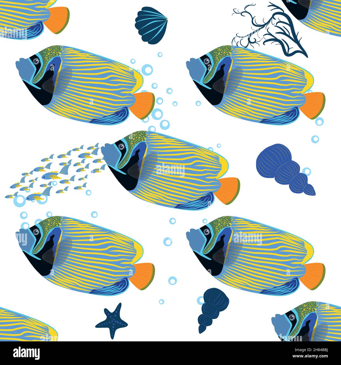 Emperor angelfish, Pomacanthus imperator seamless patterns, sea animal wildlife character. Nature underwater, marine wild ocean zoo fish Stock Vector