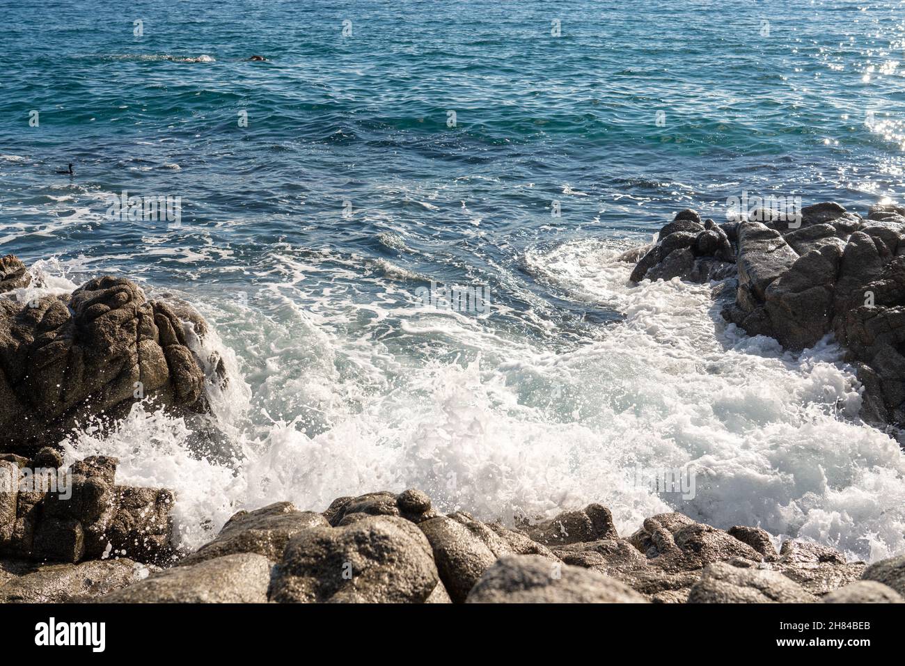 waves splashes on rock in sea shore, pretty calm sea Stock Photo