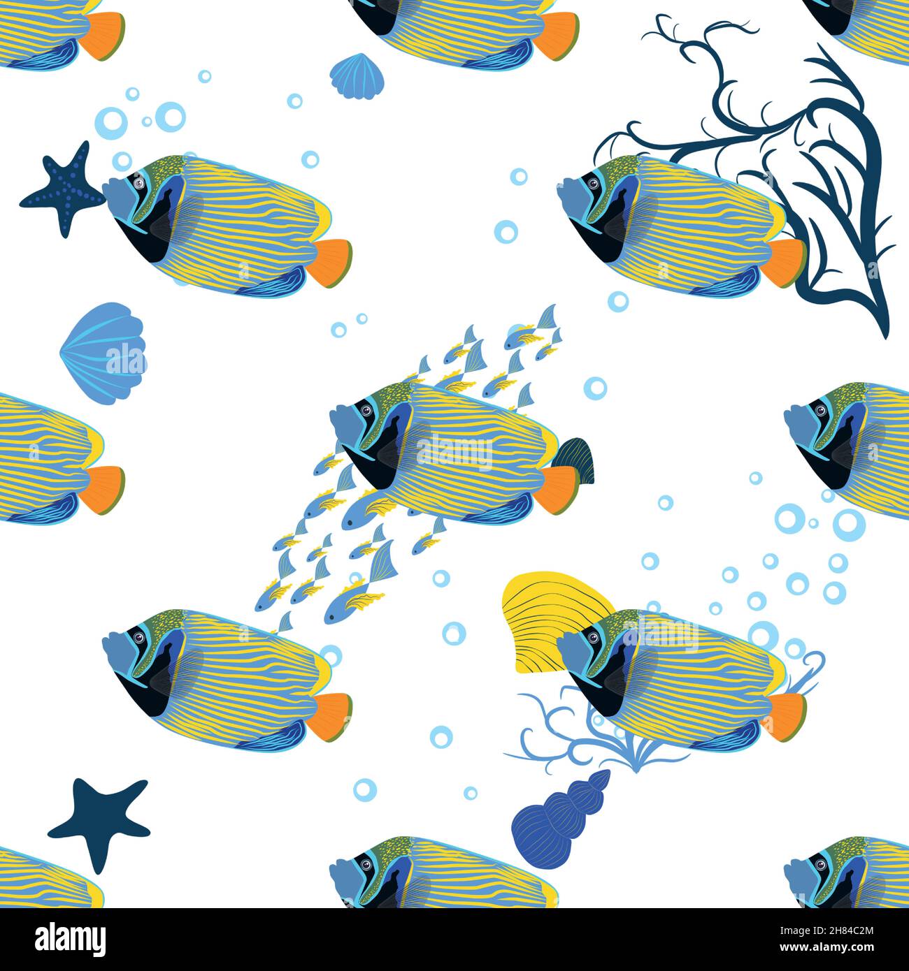 Emperor angelfish, Pomacanthus imperator seamless patterns, sea animal wildlife character. Nature underwater, marine wild ocean zoo fish Stock Vector