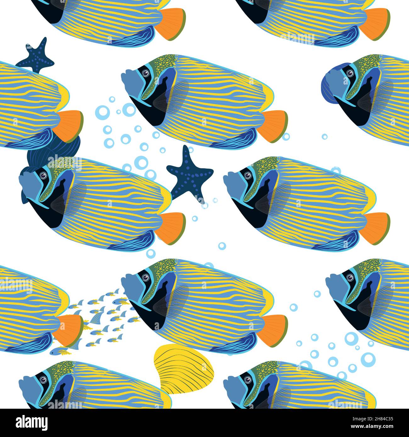 Emperor angelfish, Pomacanthus imperator seamless patterns, sea animal wildlife character. Nature underwater, marine wild ocean zoo fish Stock Vector