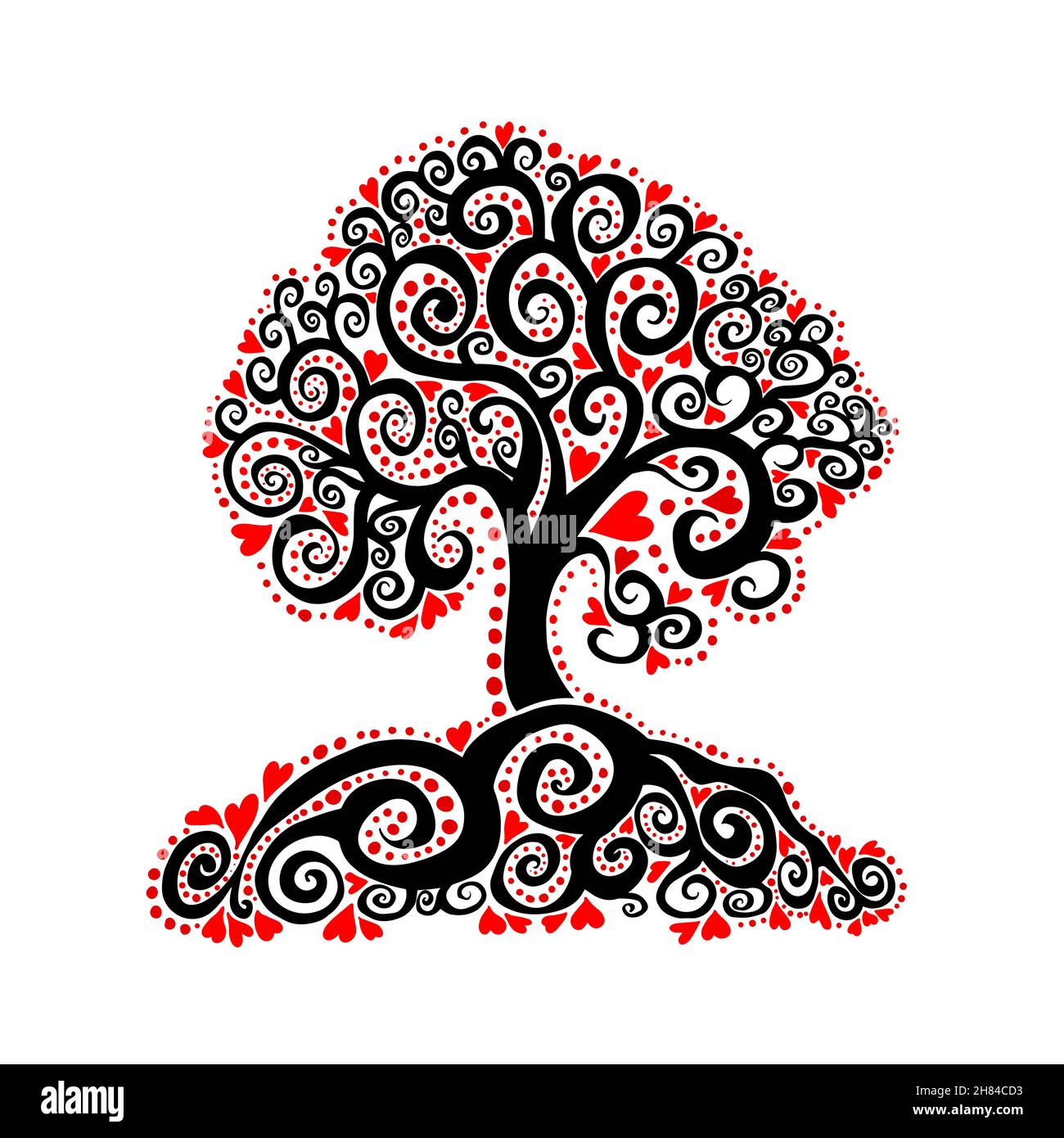 Graphic abstract black tree with Red hearts. Happy Valentine's Day ...