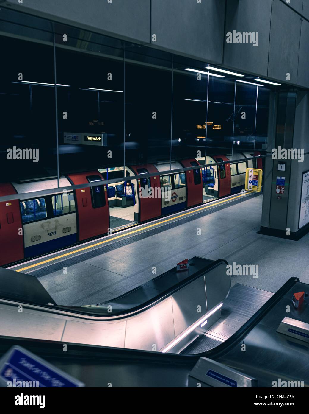 Tube Train parked in Battersea Power Station Underground station on the London Underground Northern Line. Northern Line Extension Stock Photo