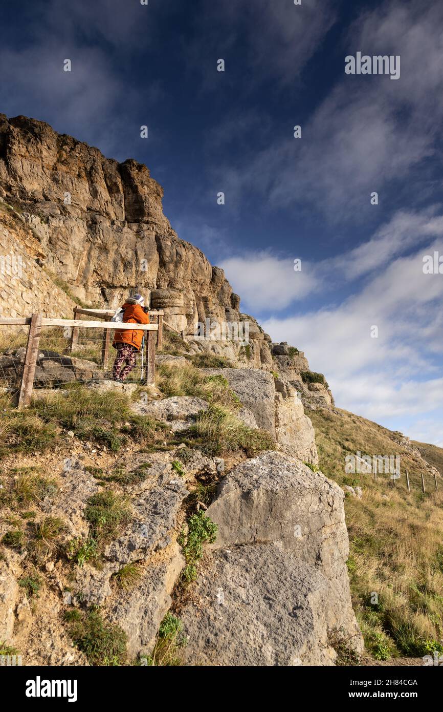 Woman hiking on the great Orme, Llandudno, North Wales Stock Photo