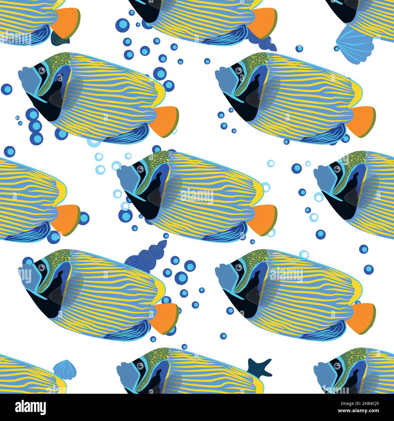 Emperor angelfish, Pomacanthus imperator seamless patterns, sea animal wildlife character. Nature underwater, marine wild ocean zoo fish Stock Vector