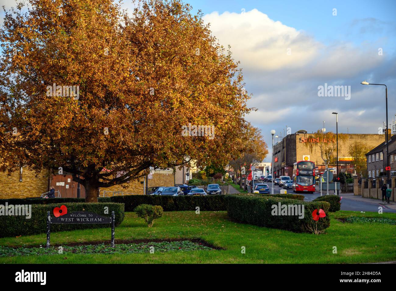 West Wickham, Kent, UK. The roundabout with a town sign at the western end of West Wickham High