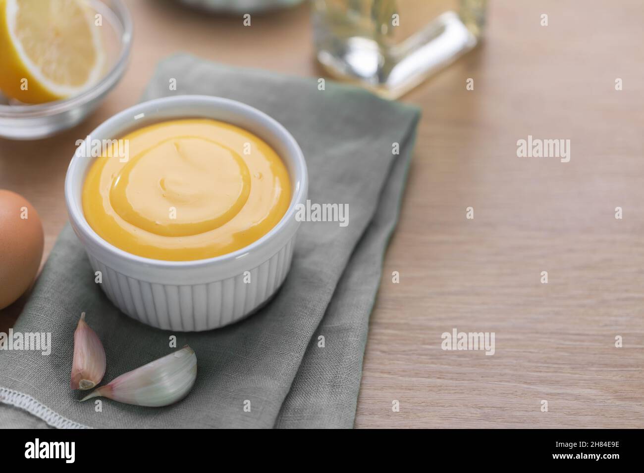 Spanish aioli sauce prepared with garlic, oil and eggs yolk. Aioli is an emulsion or suspension