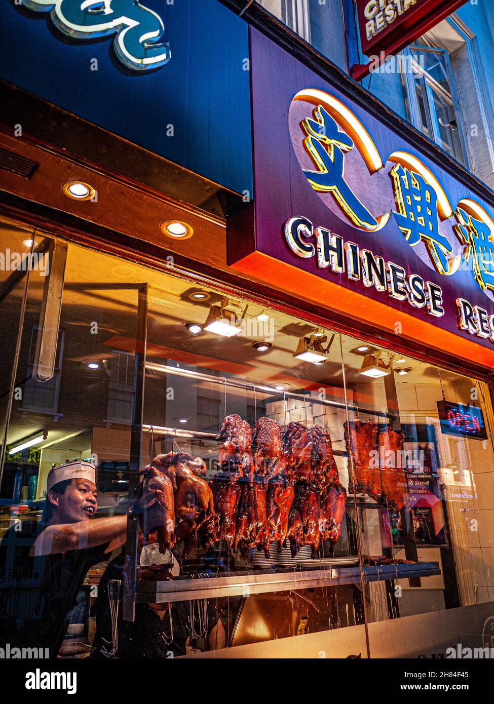 CRISPY DUCK WINDOW DISPLAY CHINATOWN SOHO LONDON Chef arranging rows of enticing Peking crispy duck and pork belly ribs hanging air drying in Chinese restaurant window display at dusk, Gerrard Street Chinatown Soho London Stock Photo