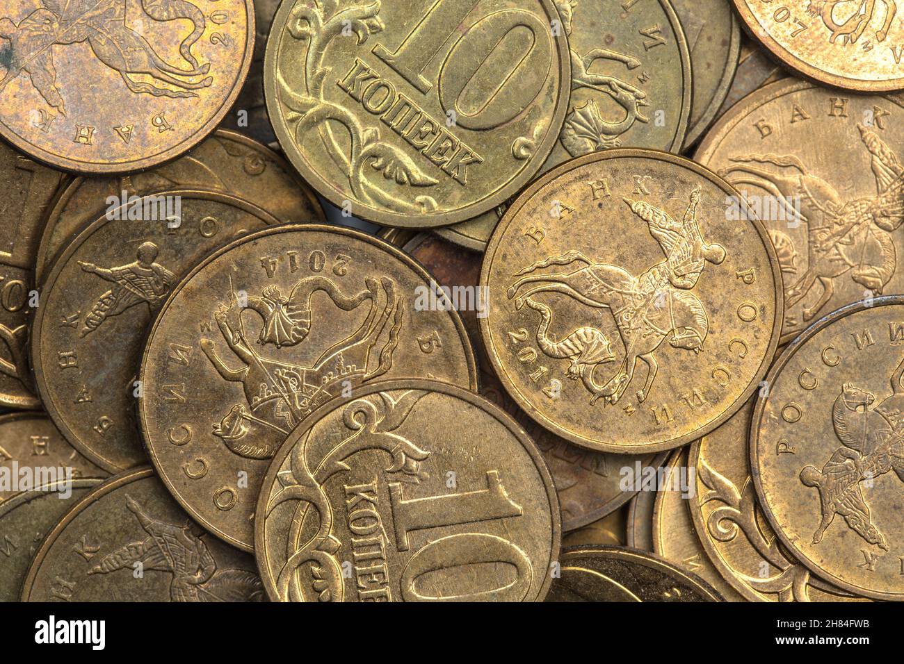 Directly above close up of the pile of Russian kopeks. Stock Photo