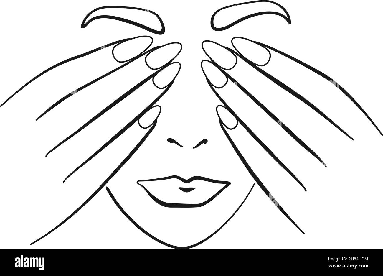 Woman's hands covering face with beautiful nails and lips for beauty concept in vector icon Stock Vector