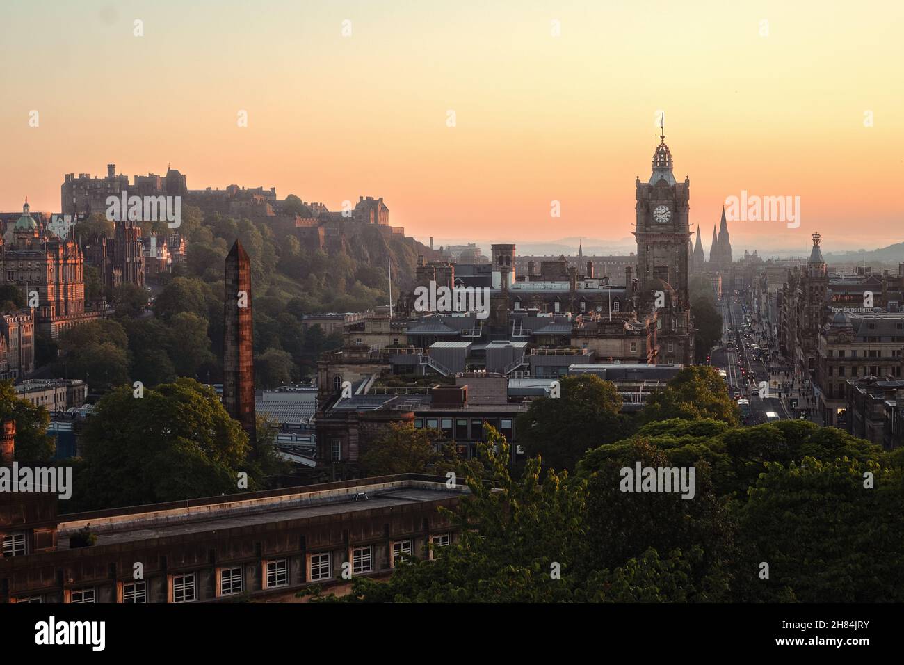 Top view of Princes Street at sunset from Calton Hill. Edinburgh, Scotland, United Kingdom Stock Photo