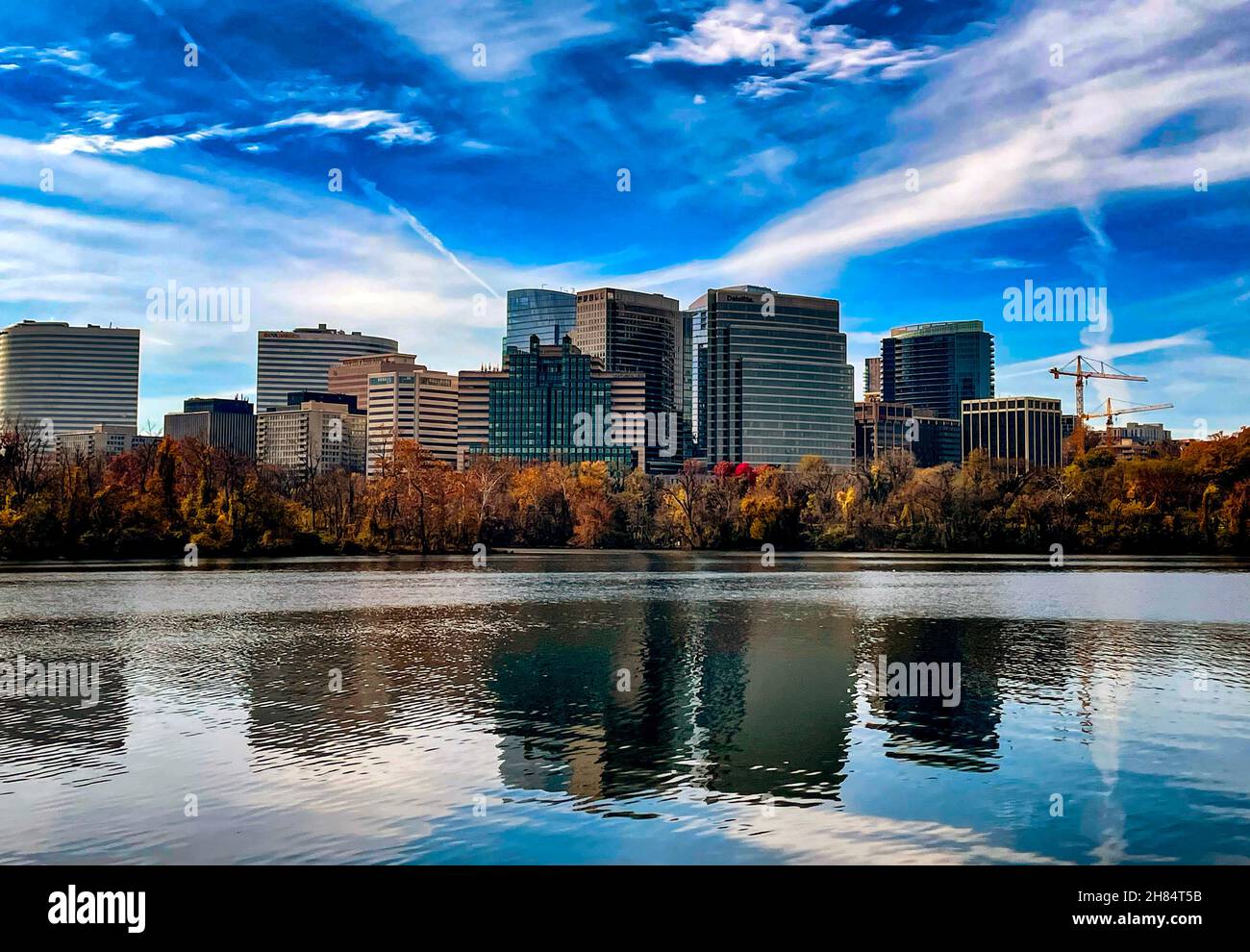 Quite time on the Potomac River looking at Rosslyn, Virginia Stock Photo