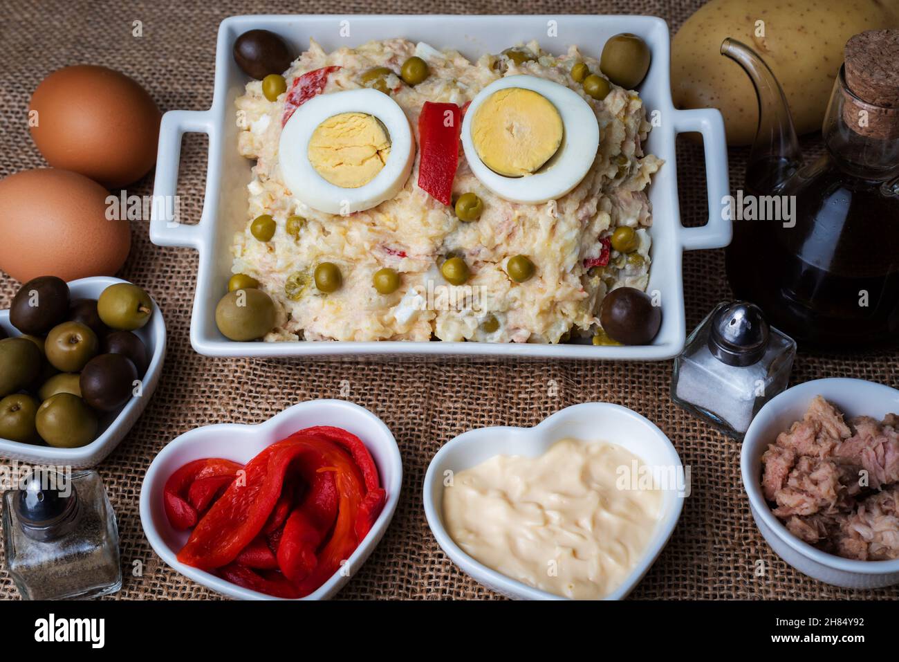 Spanish style Russian salad, also known as Olivier salad,