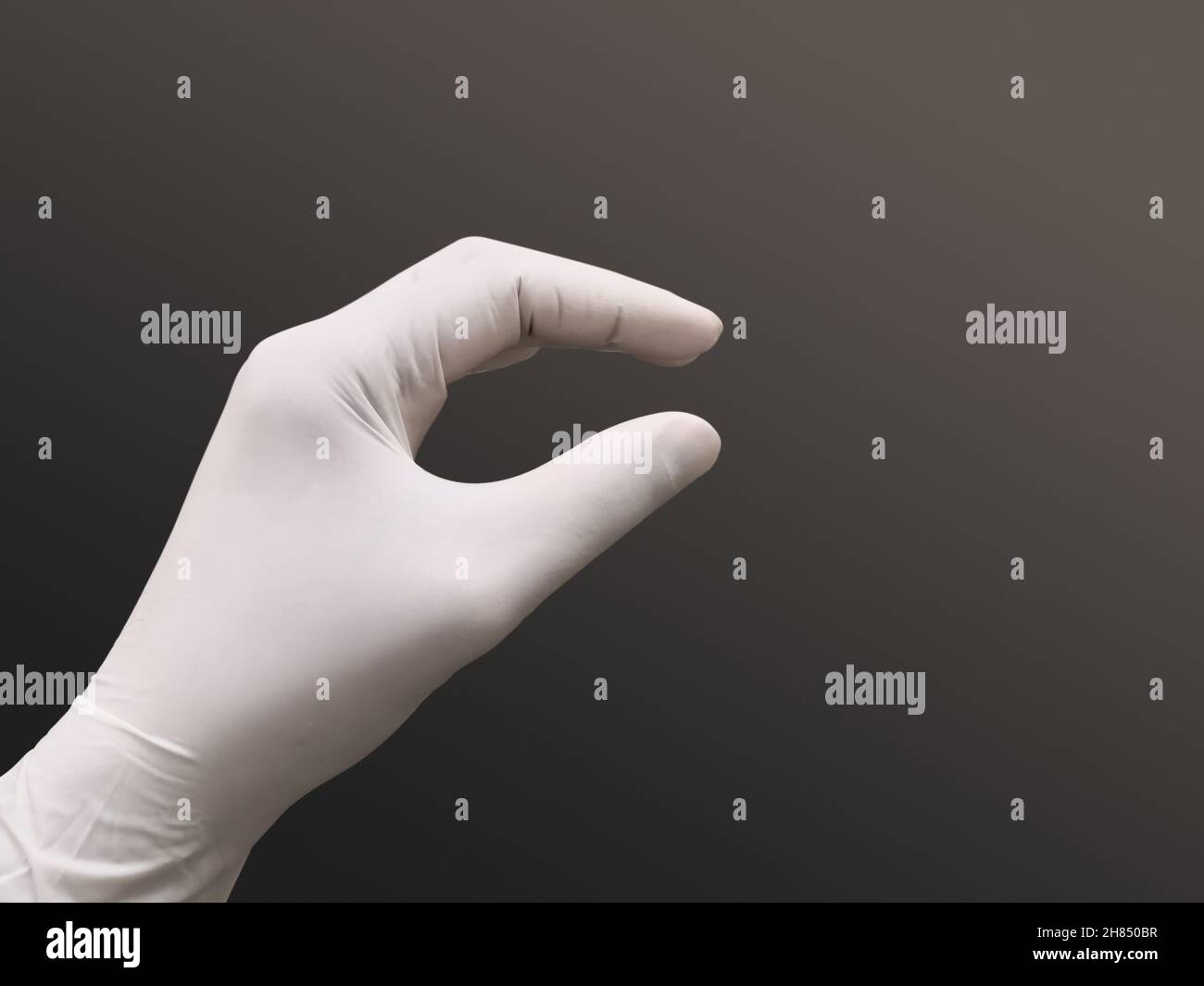 Closeup Image Of Medical Latex Surgical Glove In Hand. Isolated Grey Background. Selective Focus Stock Photo