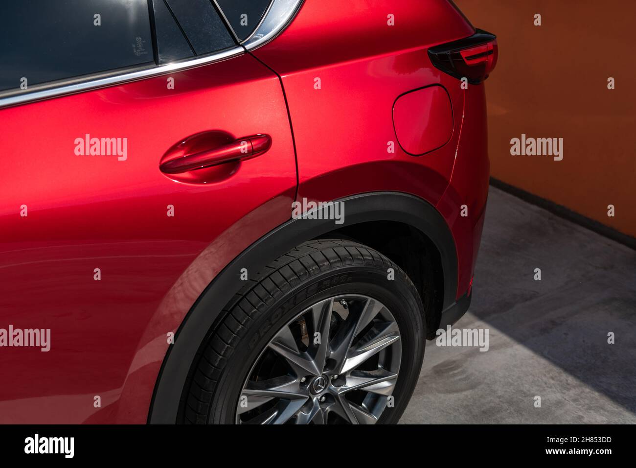 Kiev, Ukraine - June 30, 2021: Back side of red Mazda CX-5 at parking lot Stock Photo