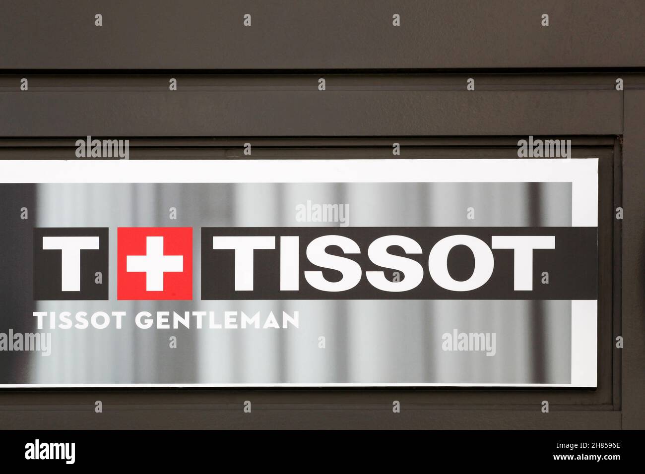 Villefranche France May 15 2020 Tissot logo on a wall. Tissot is a Swiss watchmaker and the company was founded in Le Locle Switzerland Stock Photo Alamy