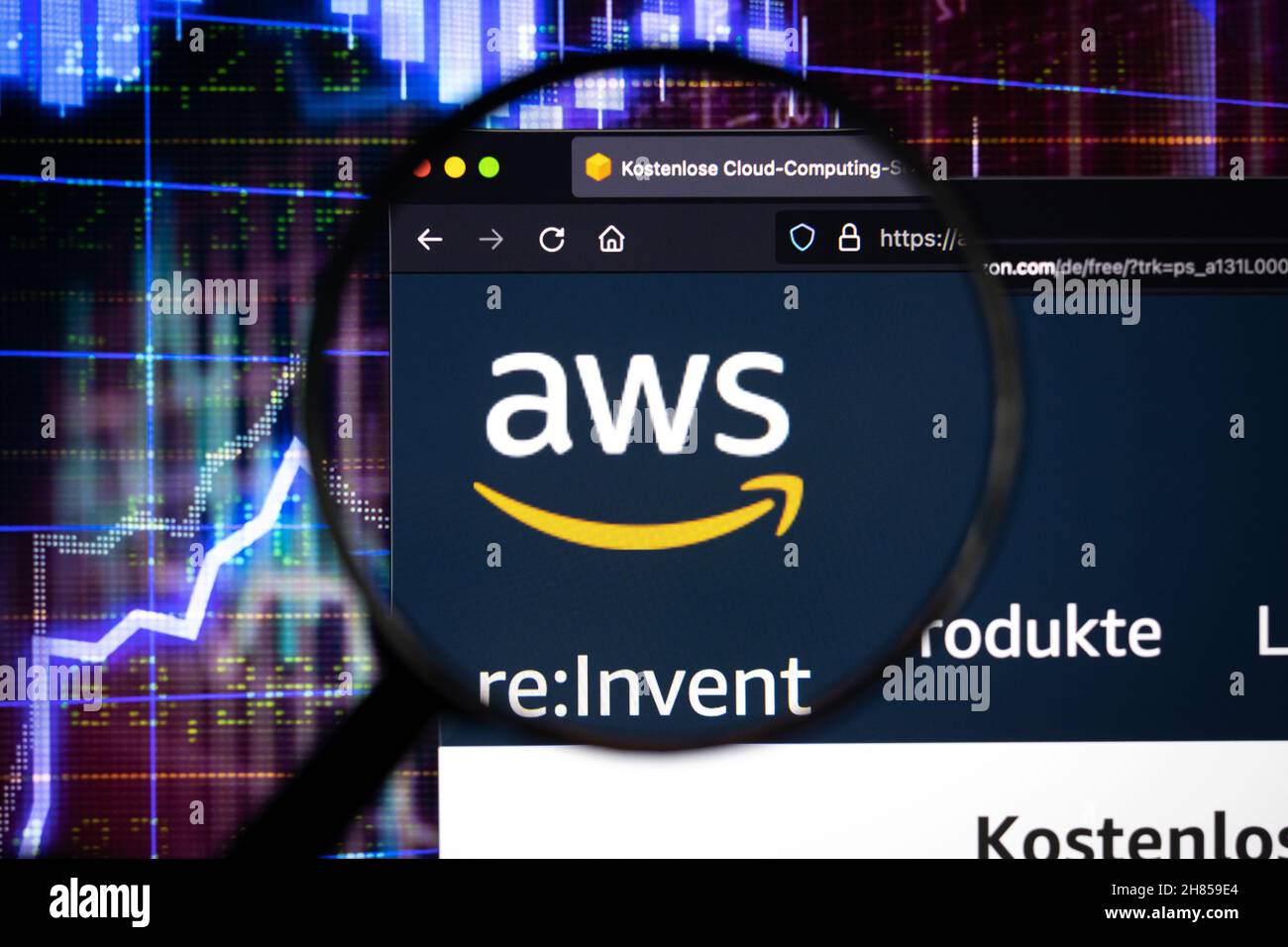 Amazon Web Services AWS company logo on a website, seen on a computer  screen through a magnifying glass Stock Photo - Alamy