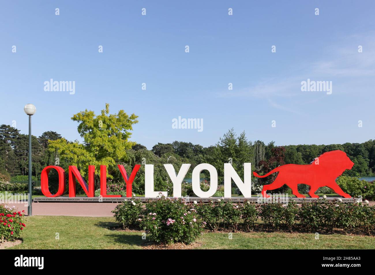 Lyon, France - May 28, 2015: Lyon cityscape in the park of the golden head with Only Lyon sign, France Stock Photo