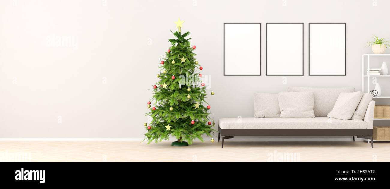 Chaiselongue style sofa in an apartment with a christmas tree, a shelf