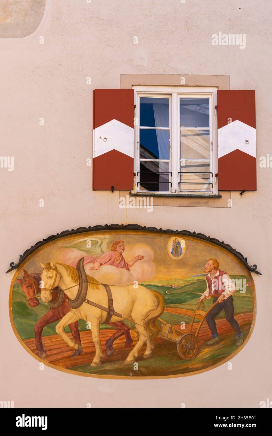 Lüftlmalerei or the Bavarian art of wall painting on an administrative office, Aschau, Chiemgau region, Upper Bavaria, Southern Germany Stock Photo