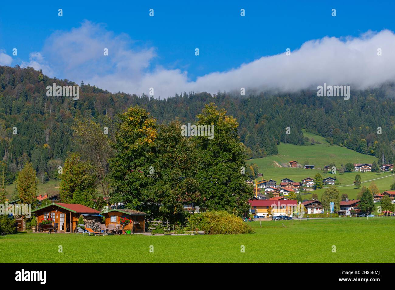 Maedows and pastures in the outskirts of Reit village, Reit im Winkle, Chiemgau region, Upper Bavaria, Southern Germany, Europe Stock Photo