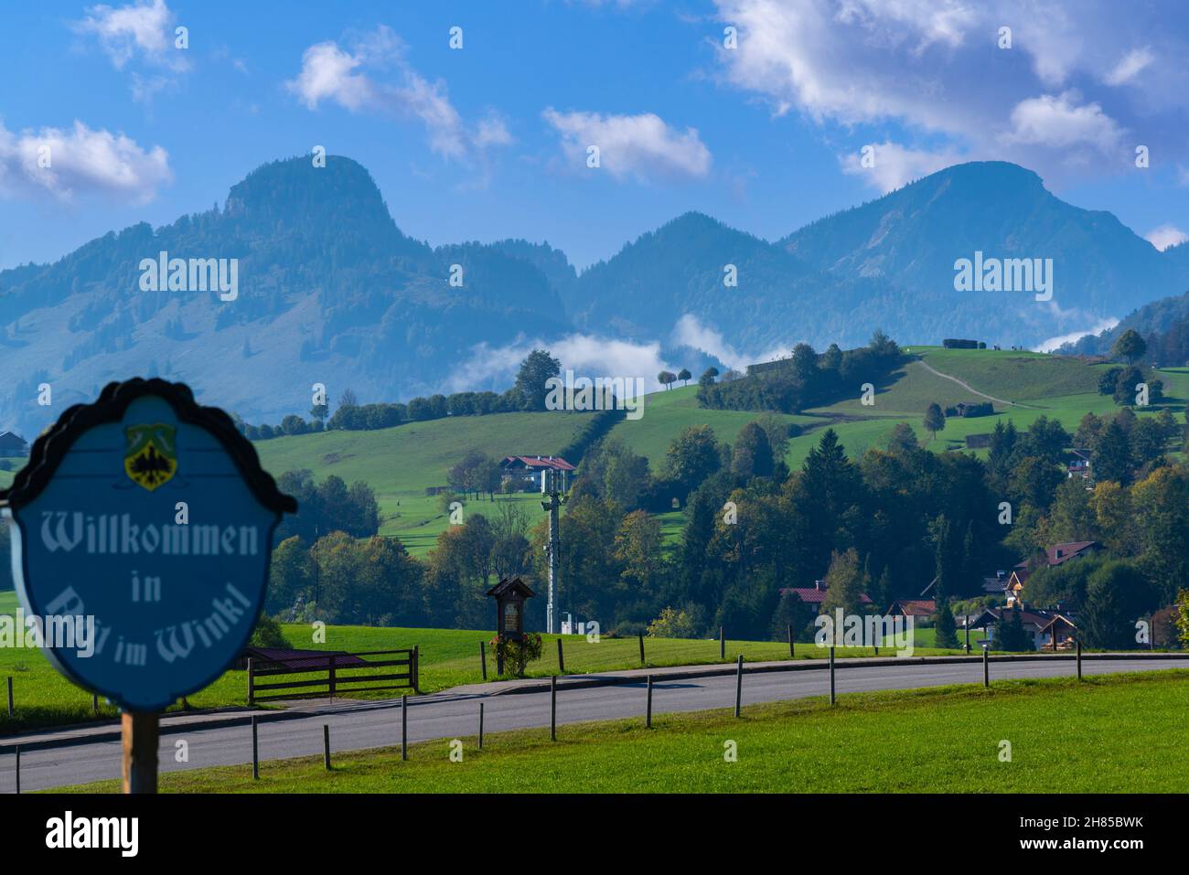 Maedows and pastures in the outskirts of Reit village, Reit im Winkle, Chiemgau region, Upper Bavaria, Southern Germany, Europe Stock Photo