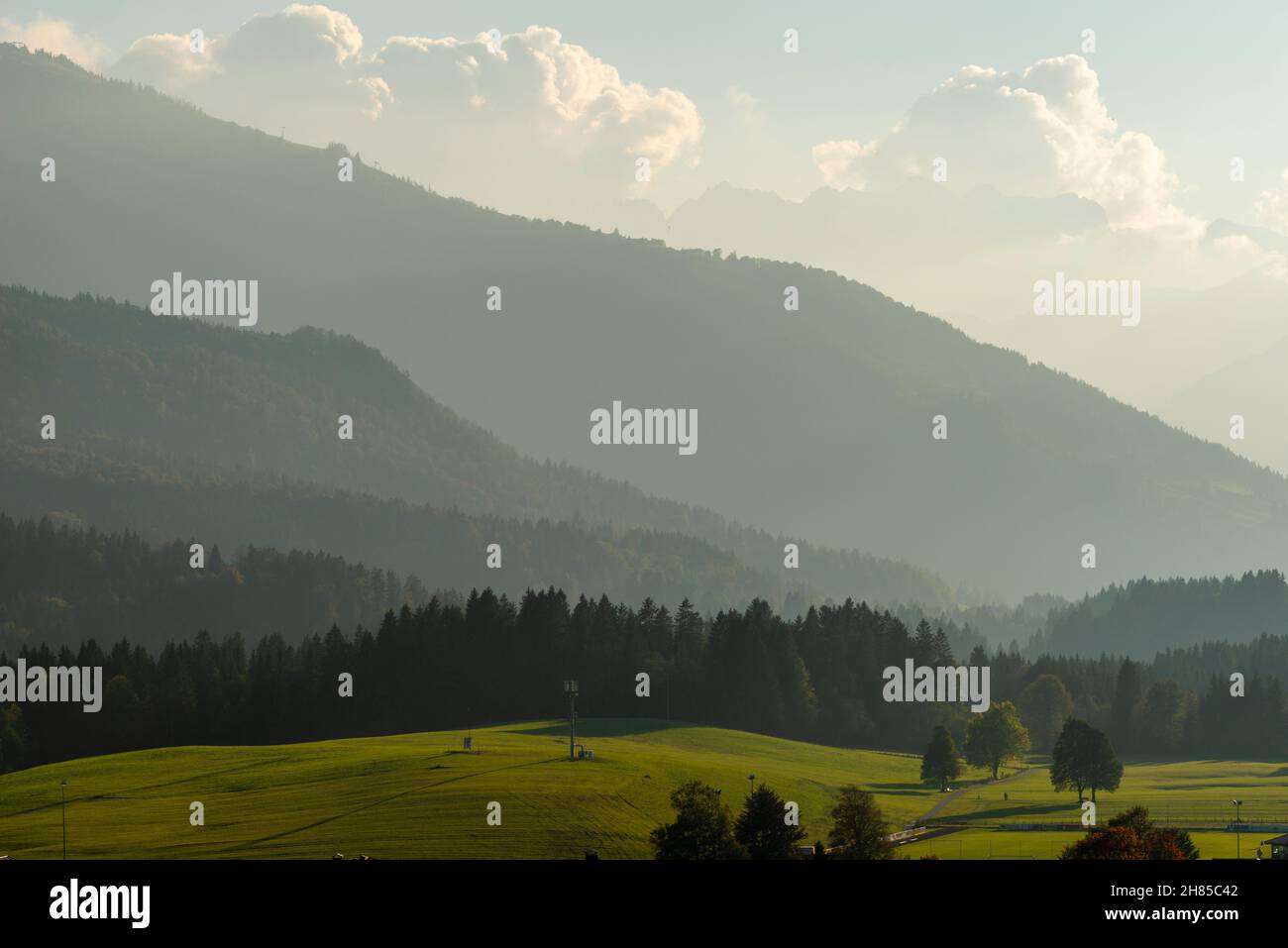 View of the Bavarian Alps in warm evening light, Reit im Winkl, Chiemgau region, upper Bavaria, Bavarian Alps, Southern Germany, Europe Stock Photo