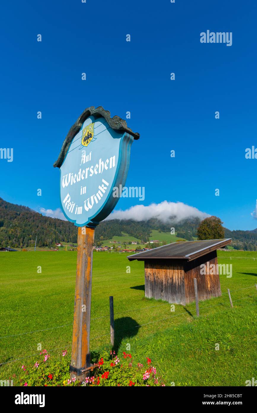 Board at the street leaving Reit saying Goodbye and Farewell, Reit im Winkl, Chiemgau region, upper Bavaria, Bavarian Alps, Southern Germany Stock Photo