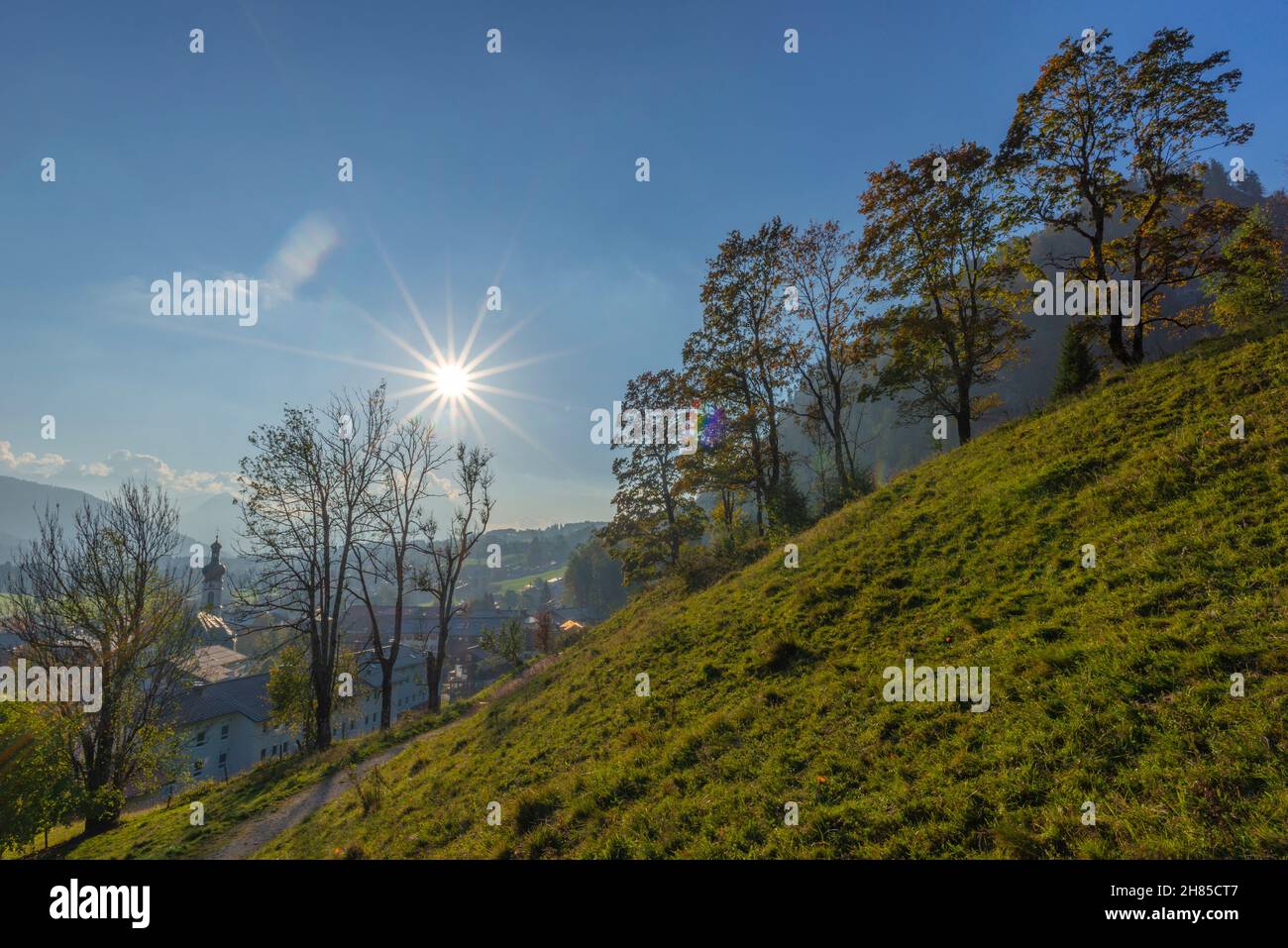 Warm evening light in October overthe climatic spa Reit im Winkl, Chiemgau region, Upper Bavaria, Southern Germany, Europe Stock Photo