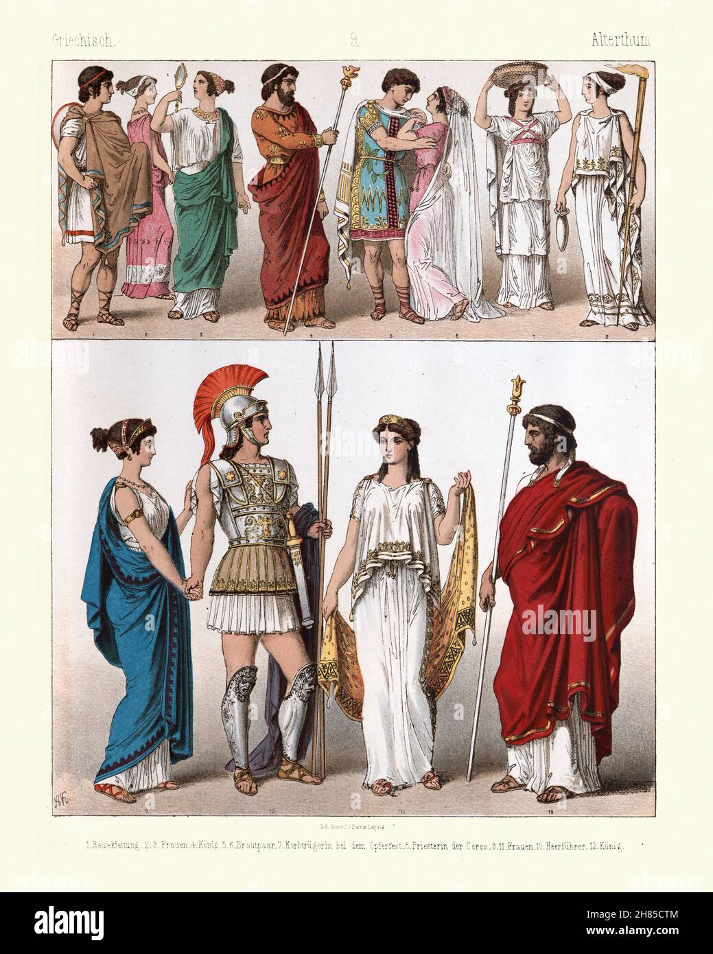 Costumes of fashion of Ancient Greece, Greek, Travel clothes, women, king, bridal couple, basket-bearer at the festival of sacrifice, priestess of Cer Stock Photo