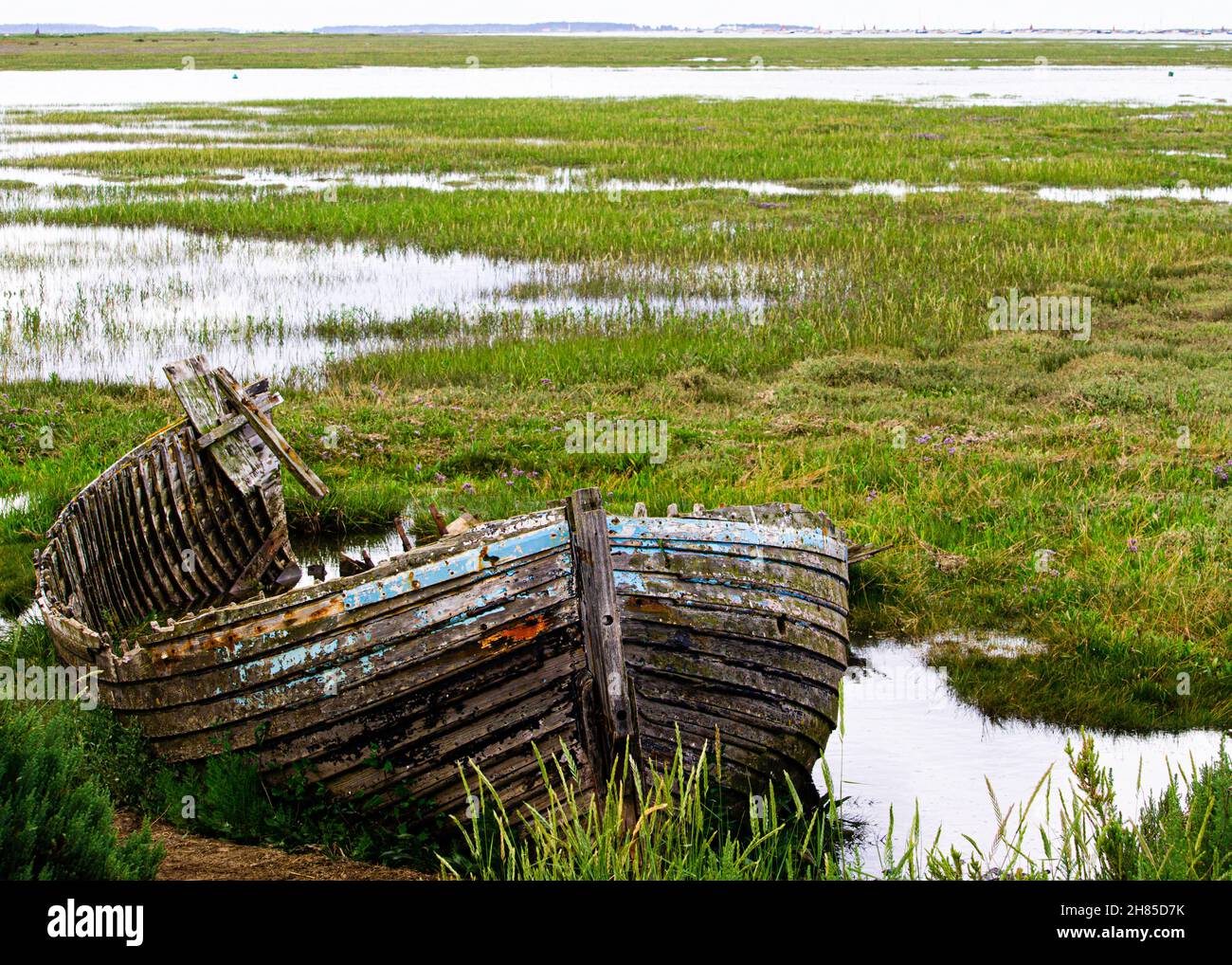 Old Abandoned Boat in the Salt Marshes Near Blackeney, Norfolk, UK Stock Photo