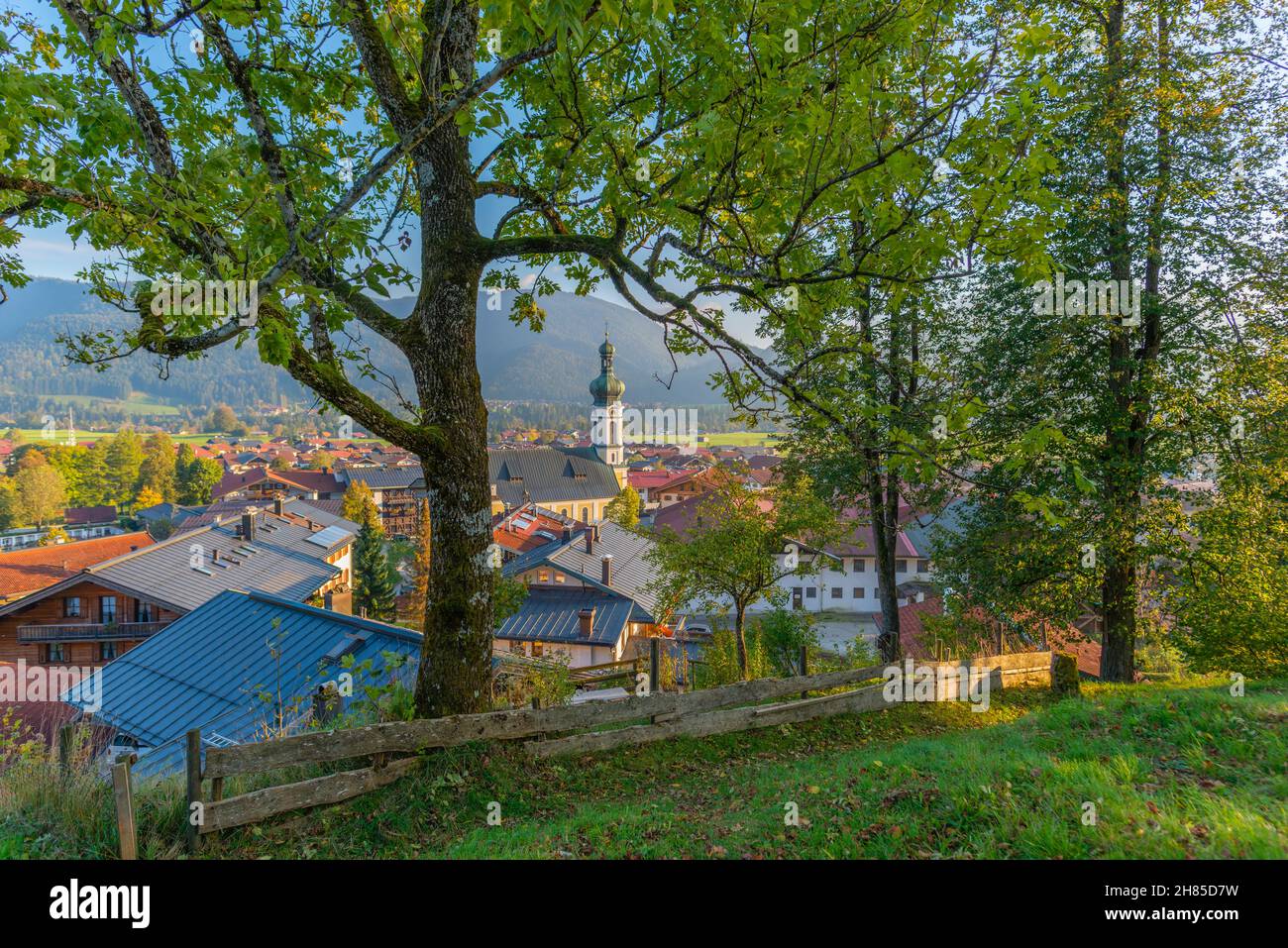 View over the popular and touristic climatic spa village Reit im Winkl, Chiemgau region, Upper Bavaria, Southern Germany, Europe Stock Photo