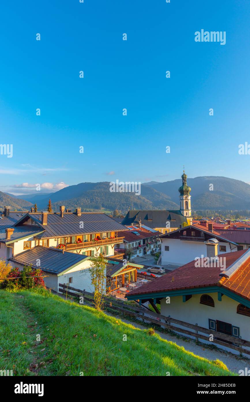 View over the popular and touristic climatic spa village Reit im Winkl, Chiemgau region, Upper Bavaria, Southern Germany, Europe Stock Photo