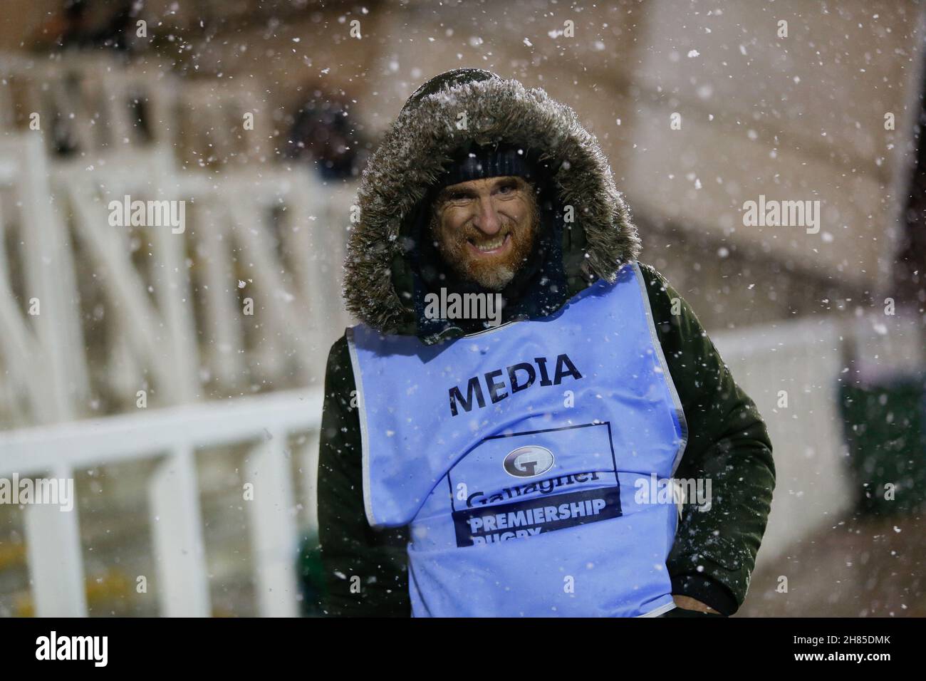 NEWCASTLE UPON TYNE. GBR. NOV 26TH Stu Forster of Getty images grimaces in the snow before the Gallagher Premiership match between Newcastle Falcons and Worcester Warriors at Kingston Park, Newcastle on Friday 26th November 2021. (Credit: Chris Lishman | MI News ) Credit: MI News & Sport /Alamy Live News Stock Photo