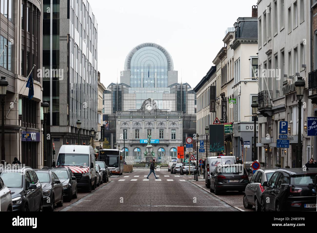 Ixelles, Brussels Capital Region, Belgium - 11 19 2021: View over the Luxembourg street towards the European Parliament Stock Photo